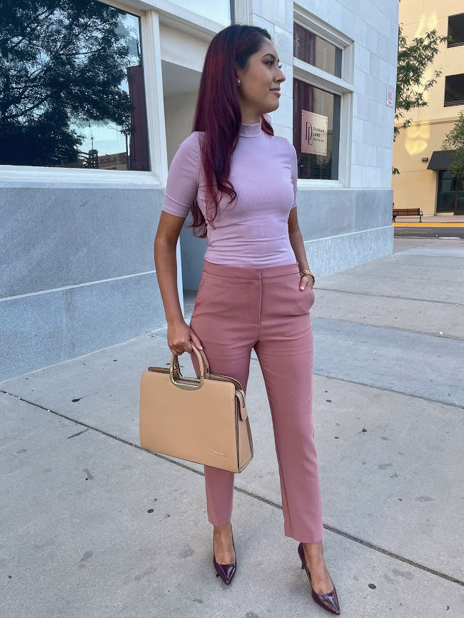 Short Sleeve Fitted Mock Turtleneck Rib Knit in Lavender