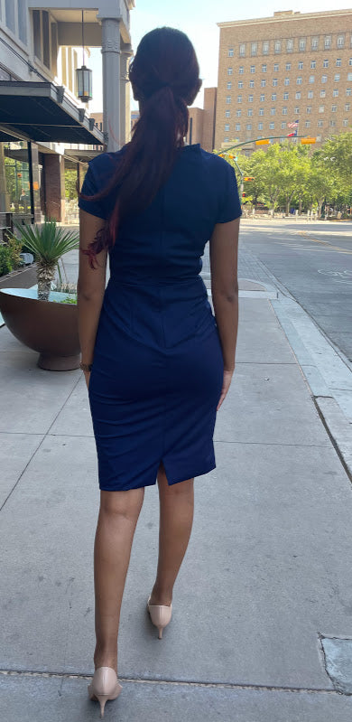 Cap Sleeve Round Neck Fitted Midi Dress with Back Zipper in Navy