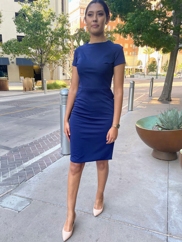 Cap Sleeve Round Neck Fitted Midi Dress with Back Zipper in Navy