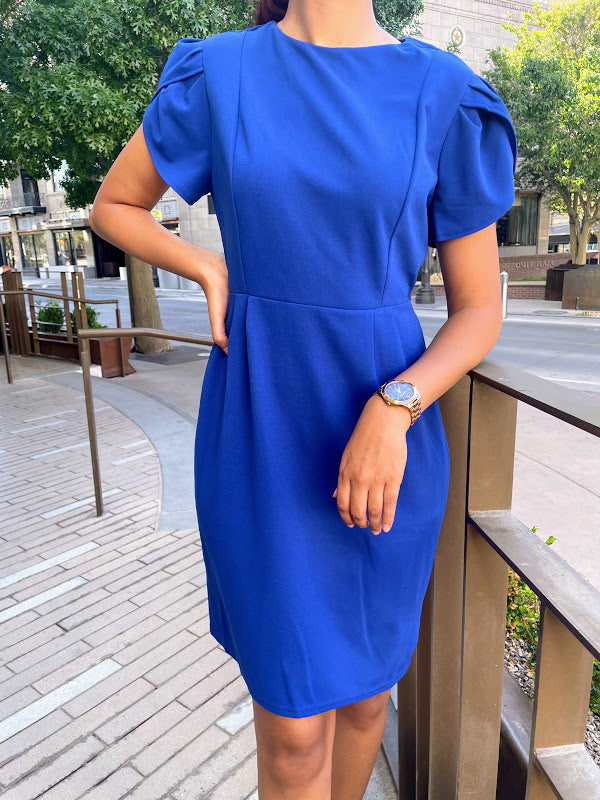 Puff Sleeve Knee Length Midi Dress in Royal Blue