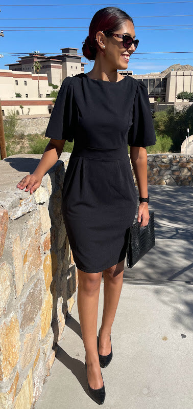 Flutter Sleeve Knee Length Dress in Black