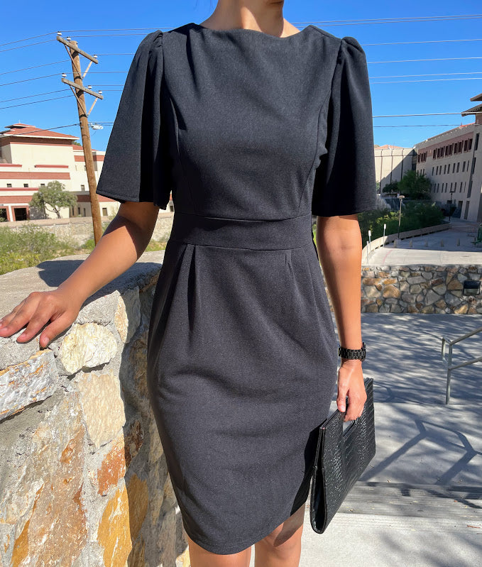 Flutter Sleeve Knee Length Dress in Black