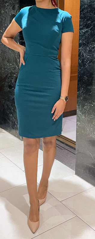 Cap Sleeve Round Neck Fitted Midi Dress with Back Zipper in Emerald