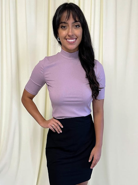 Short Sleeve Fitted Mock Turtleneck Rib Knit in Lavender