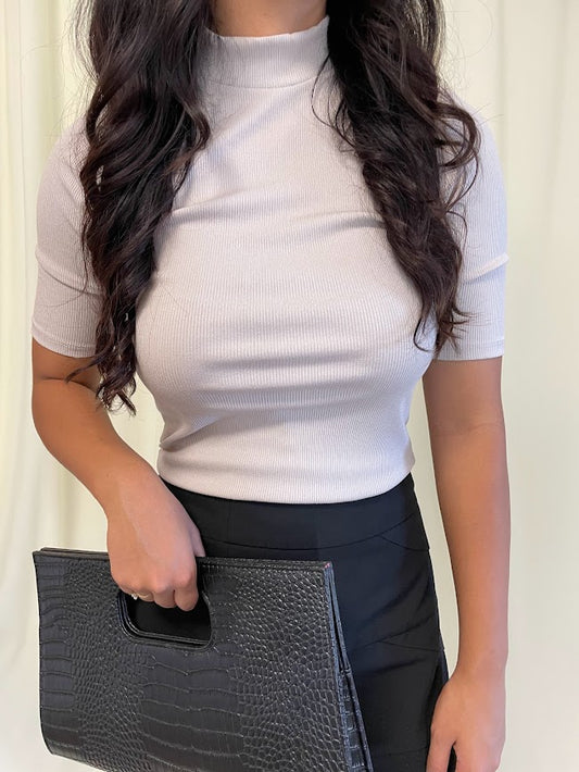 Short Sleeve Fitted Mock Turtleneck Rib Knit in Sand