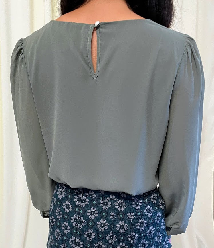Long Sleeve Chiffon Blouse with Crew Neckline and Pearl Cuffs in Olive