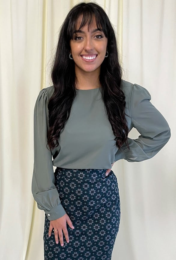 Long Sleeve Chiffon Blouse with Crew Neckline and Pearl Cuffs in Olive