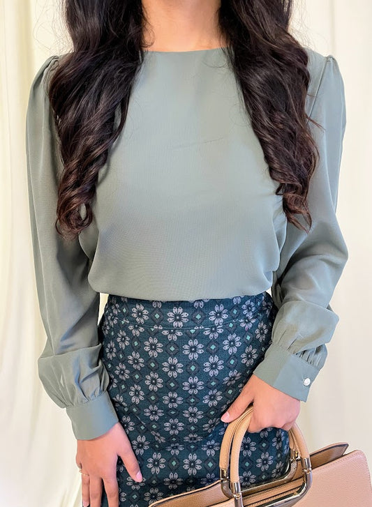 Long Sleeve Chiffon Blouse with Crew Neckline and Pearl Cuffs in Olive