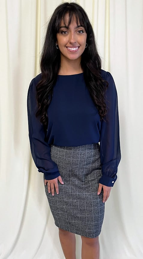 Long Sleeve Chiffon Blouse with Crew Neckline and Pearl Cuffs in Midnight Navy