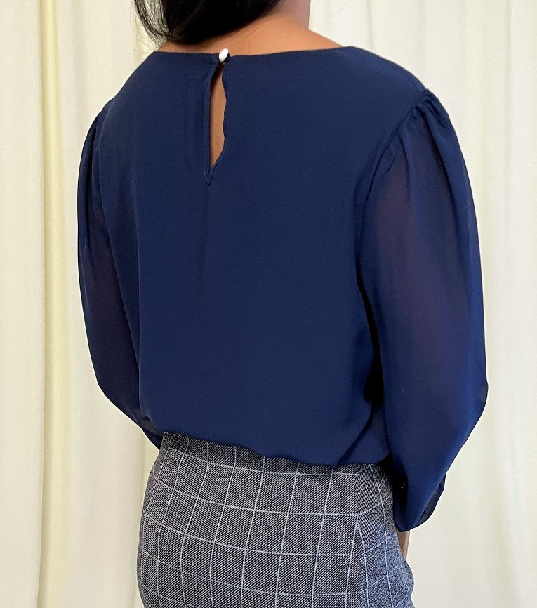 Long Sleeve Chiffon Blouse with Crew Neckline and Pearl Cuffs in Midnight Navy
