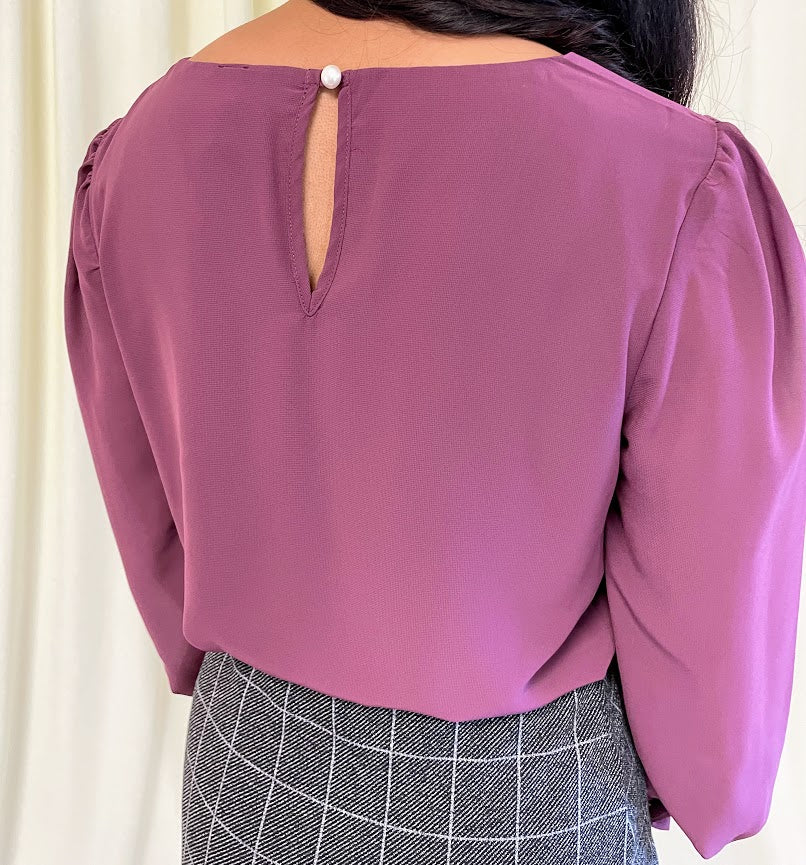 Long Sleeve Chiffon Blouse with Crew Neckline and Pearl Cuffs in Plum