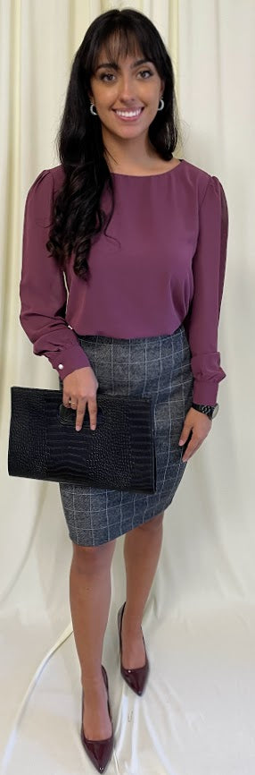 Long Sleeve Chiffon Blouse with Crew Neckline and Pearl Cuffs in Plum