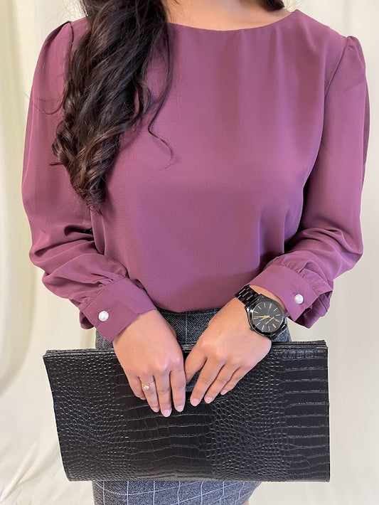 Long Sleeve Chiffon Blouse with Crew Neckline and Pearl Cuffs in Plum