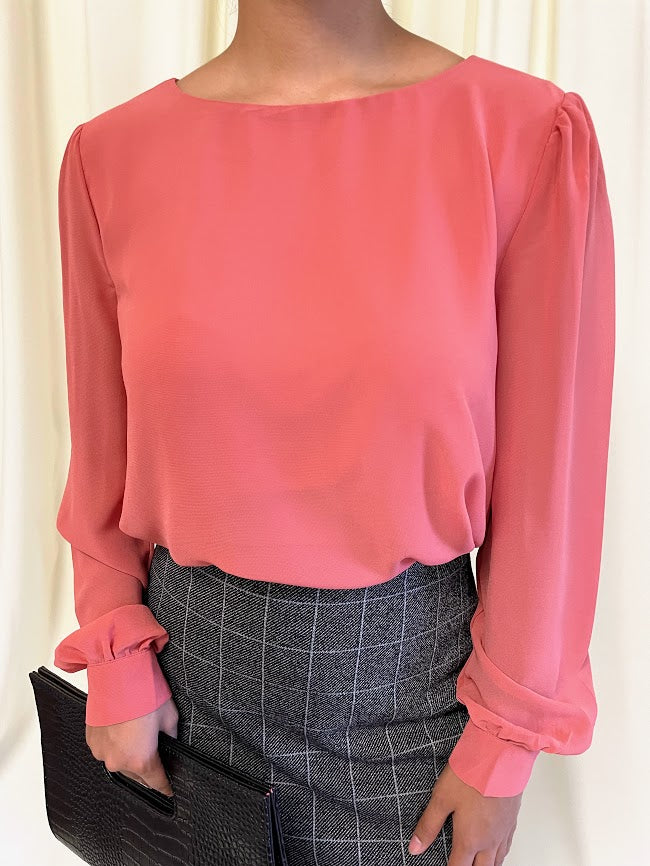 Long Sleeve Chiffon Blouse with Crew Neckline and Pearl Cuffs in Dusty Rose
