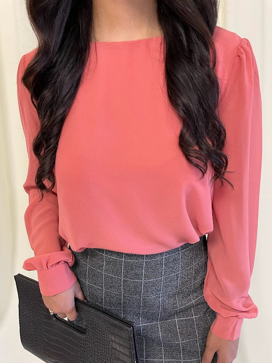 Long Sleeve Chiffon Blouse with Crew Neckline and Pearl Cuffs in Dusty Rose