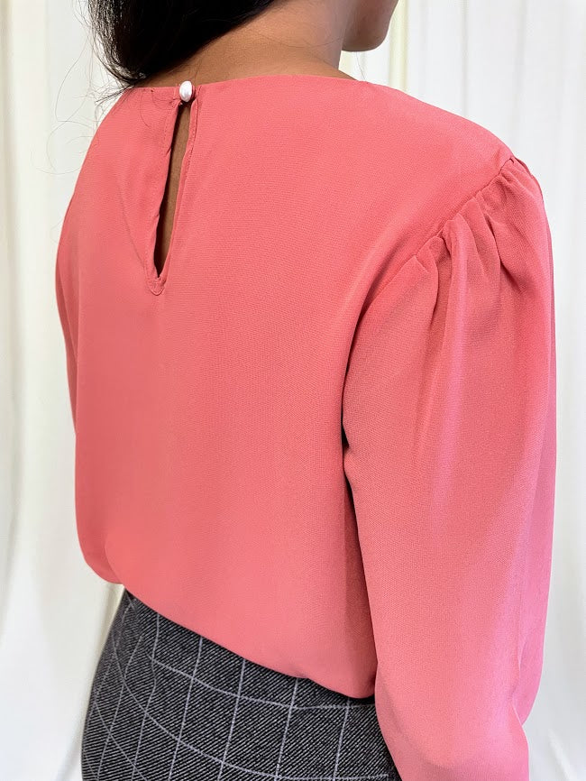 Long Sleeve Chiffon Blouse with Crew Neckline and Pearl Cuffs in Dusty Rose