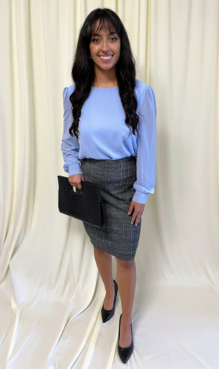 Long Sleeve Chiffon Blouse with Crew Neckline and Pearl Cuffs in Spring Blue