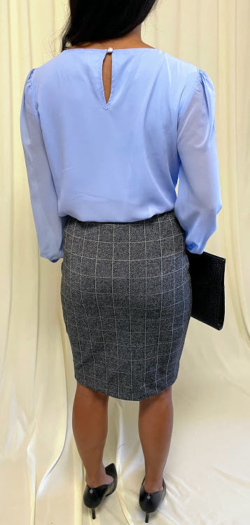 Long Sleeve Chiffon Blouse with Crew Neckline and Pearl Cuffs in Spring Blue