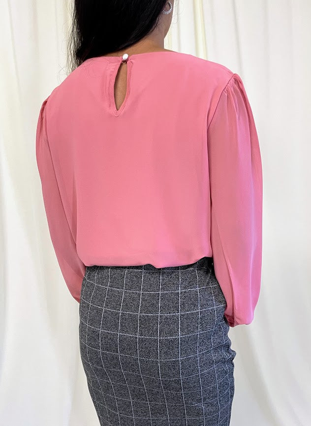 Long Sleeve Chiffon Blouse with Crew Neckline and Pearl Cuffs in Ash Rose