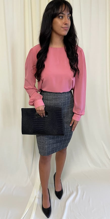Long Sleeve Chiffon Blouse with Crew Neckline and Pearl Cuffs in Ash Rose