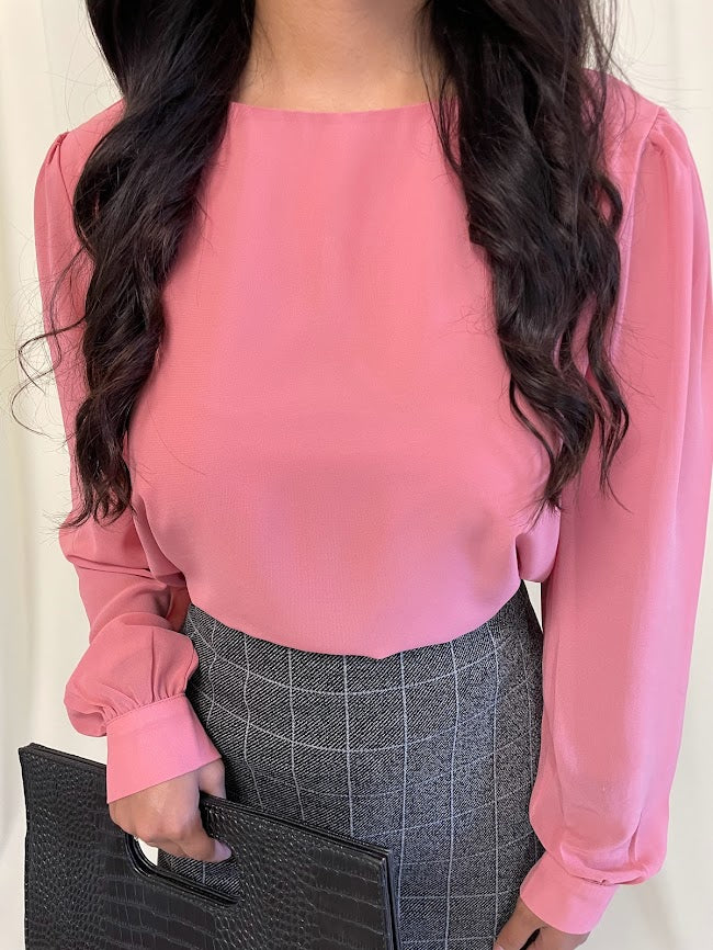 Long Sleeve Chiffon Blouse with Crew Neckline and Pearl Cuffs in Ash Rose
