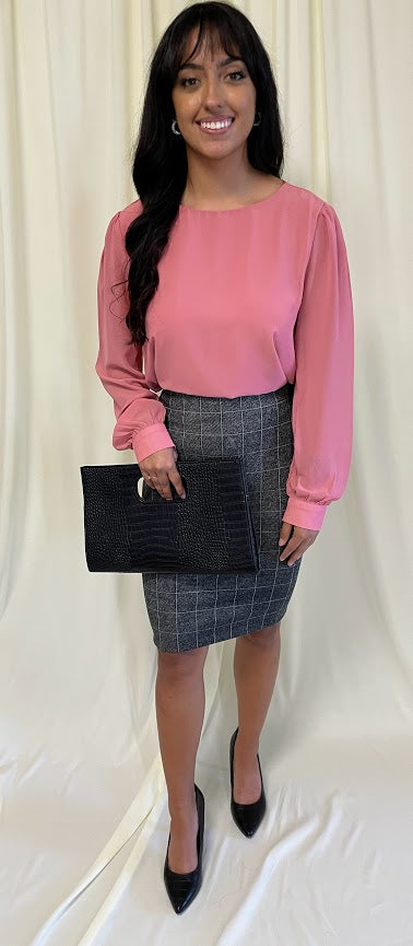 Long Sleeve Chiffon Blouse with Crew Neckline and Pearl Cuffs in Ash Rose