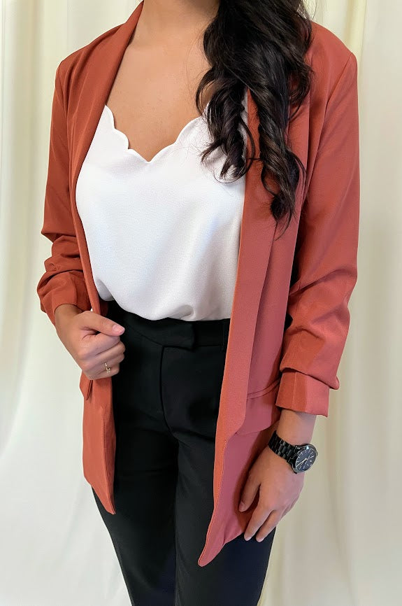 Essential Boyfriend Blazer with Ruched 3/4 Sleeves in Burnt Orange