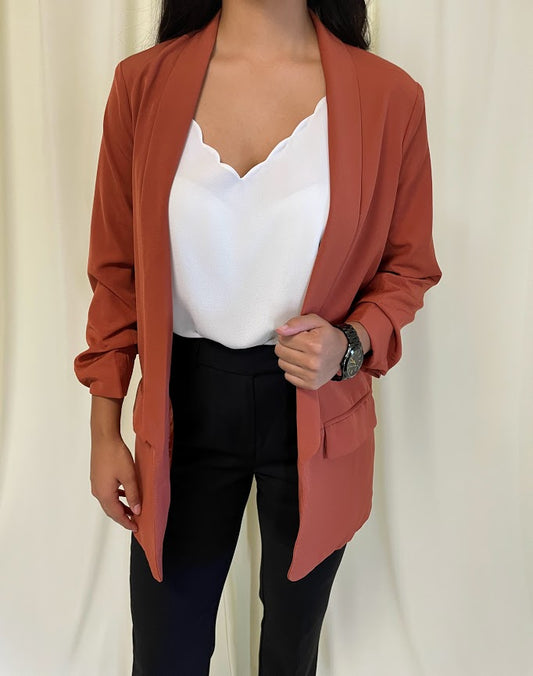 Essential Boyfriend Blazer with Ruched 3/4 Sleeves in Burnt Orange