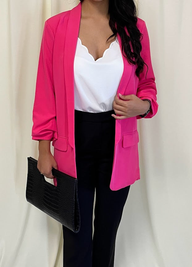 Essential Boyfriend Blazer with Ruched 3/4 Sleeves in Fucshia