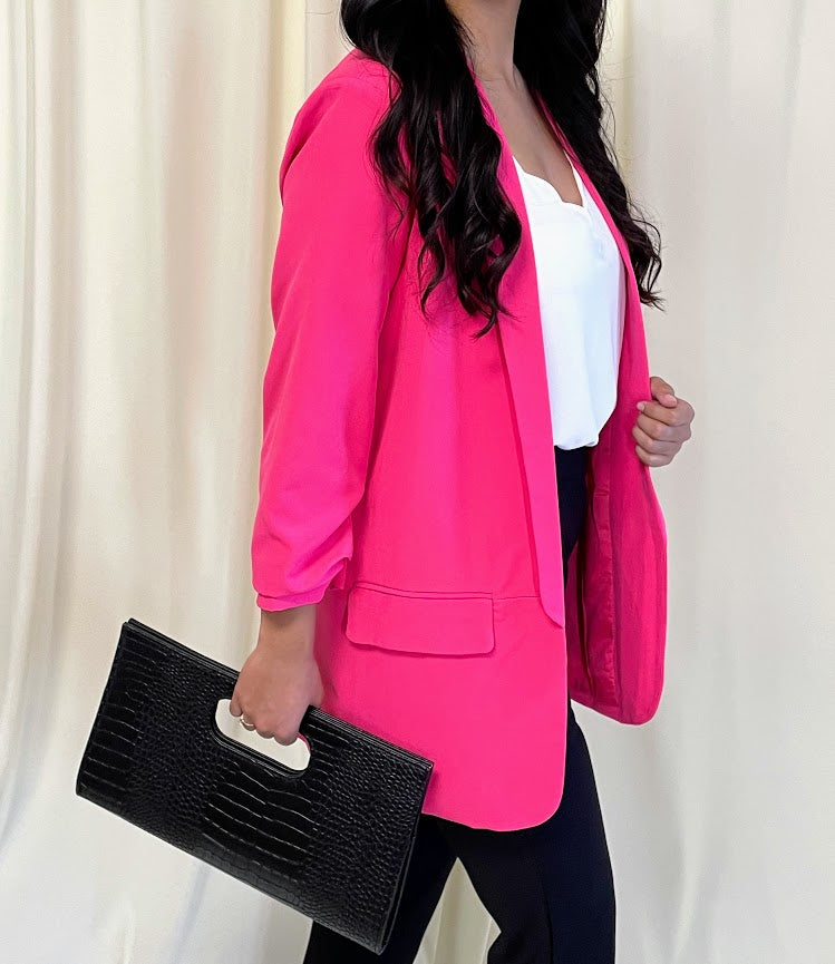 Essential Boyfriend Blazer with Ruched 3/4 Sleeves in Fucshia