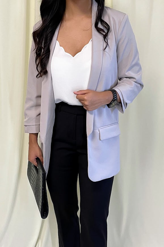 Essential Boyfriend Blazer with Ruched 3/4 Sleeves in Gray